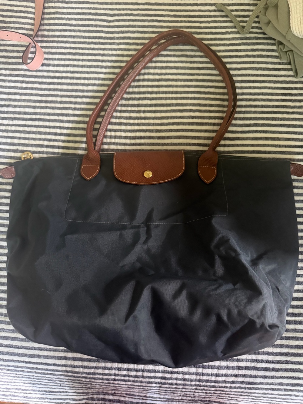 Longchamp Le Pliage Large Slate Gray Tote Bag Brown Leather Trim Handle Tote